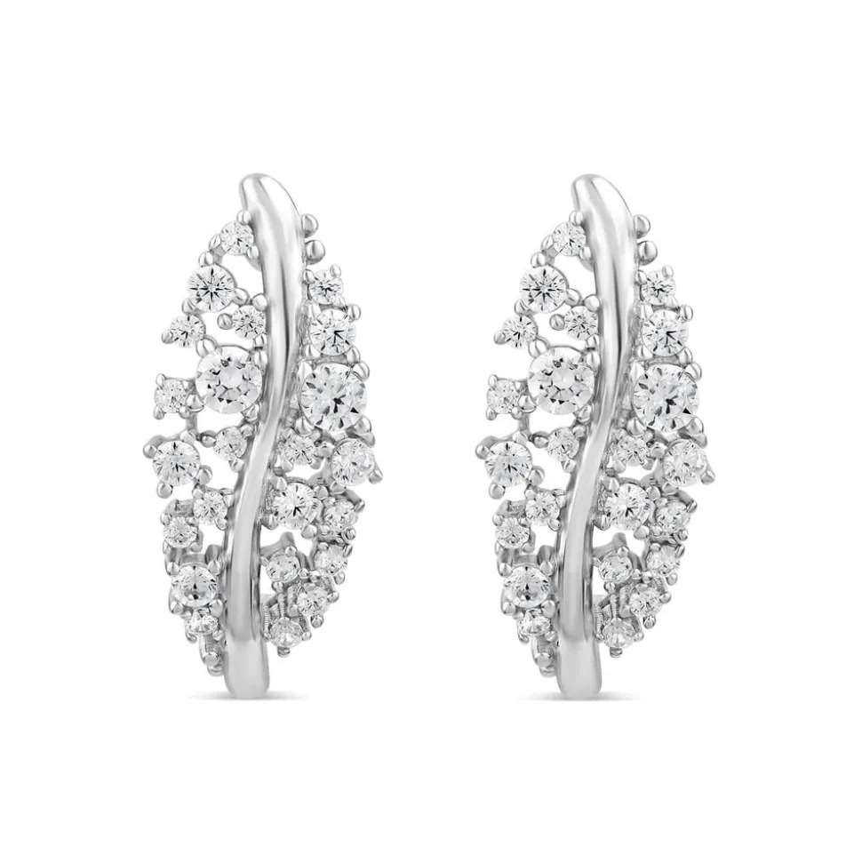Sterling Silver Cubic Zirconia Set Leaf Stud Earrings