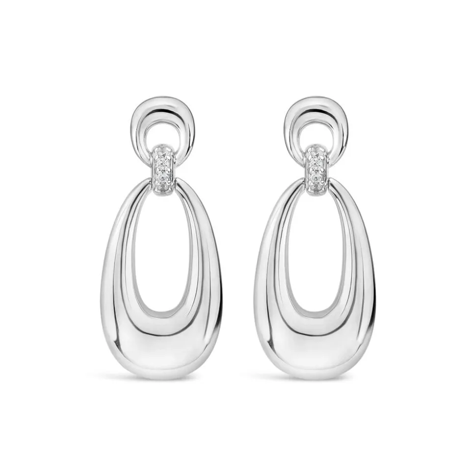 Sterling Silver Cubic Zirconia Set Open Polished Oval Drop Earrings