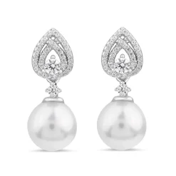 Sterling Silver Cubic Zirconia Double Halo Pear & Pearl Drop Earrings