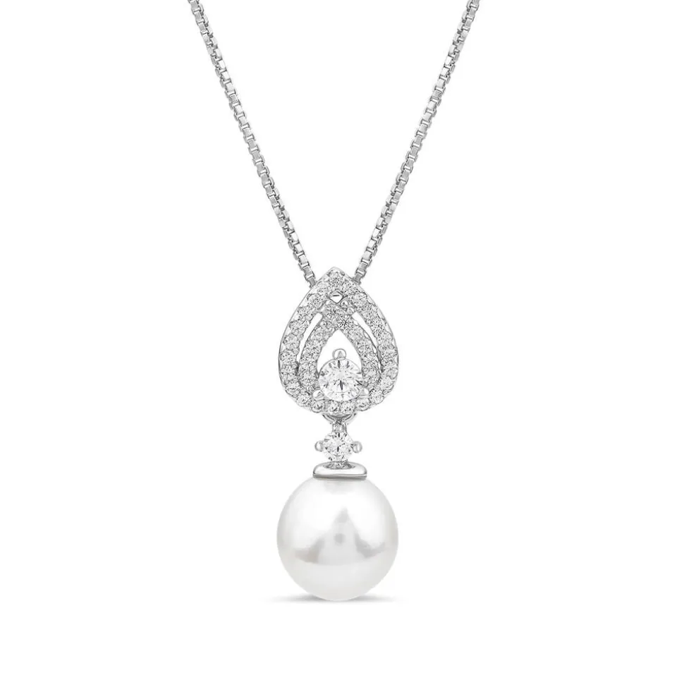 Sterling Silver Cubic Zirconia Double Halo Pear & Pearl Drop Pendant