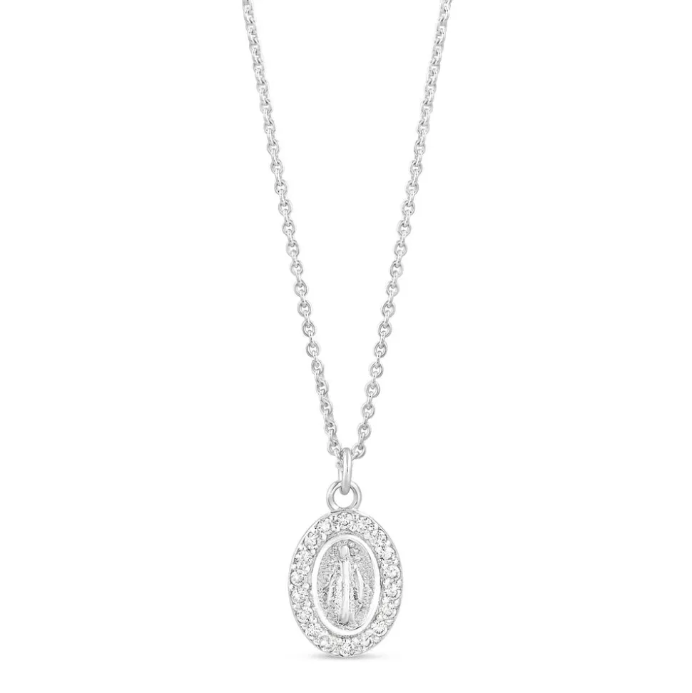 Sterling Silver Cubic Zirconia Miraculous Medal Necklace (Chain Included)