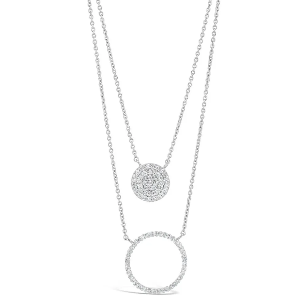 Sterling Silver Cubic Zirconia Circle Disc Double Chain Necklet