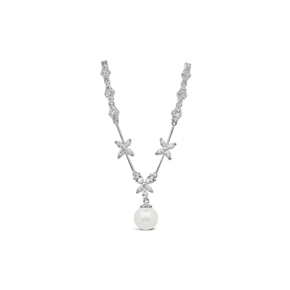 Sterling Silver Cubic Zirconia Flower and Cubic Zirconia Cluster Pearl Drop Necklet