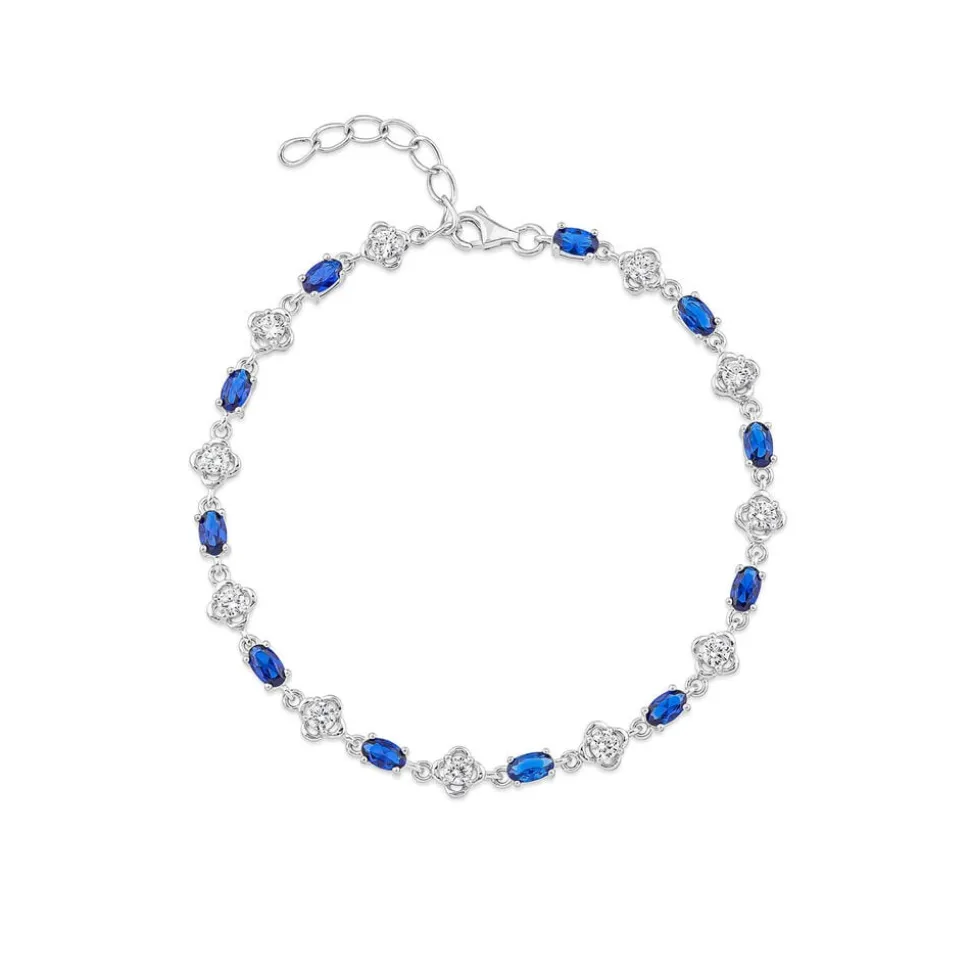 Sterling Silver Cubic Zirconia Flower & Blue Stone Bracelet
