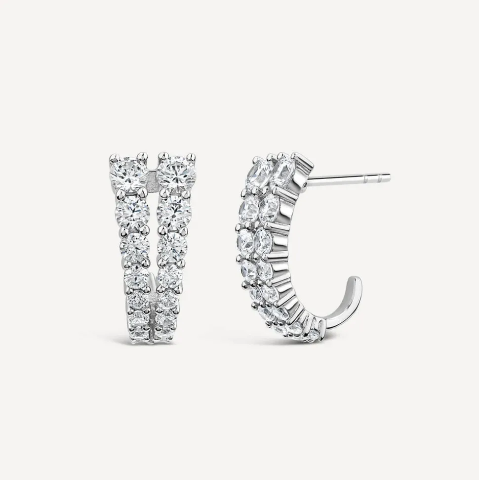 Sterling Silver Cubic Zirconia Two Curved Strands Hoop Earrings