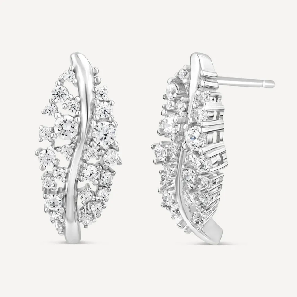 Sterling Silver Cubic Zirconia Set Leaf Stud Earrings