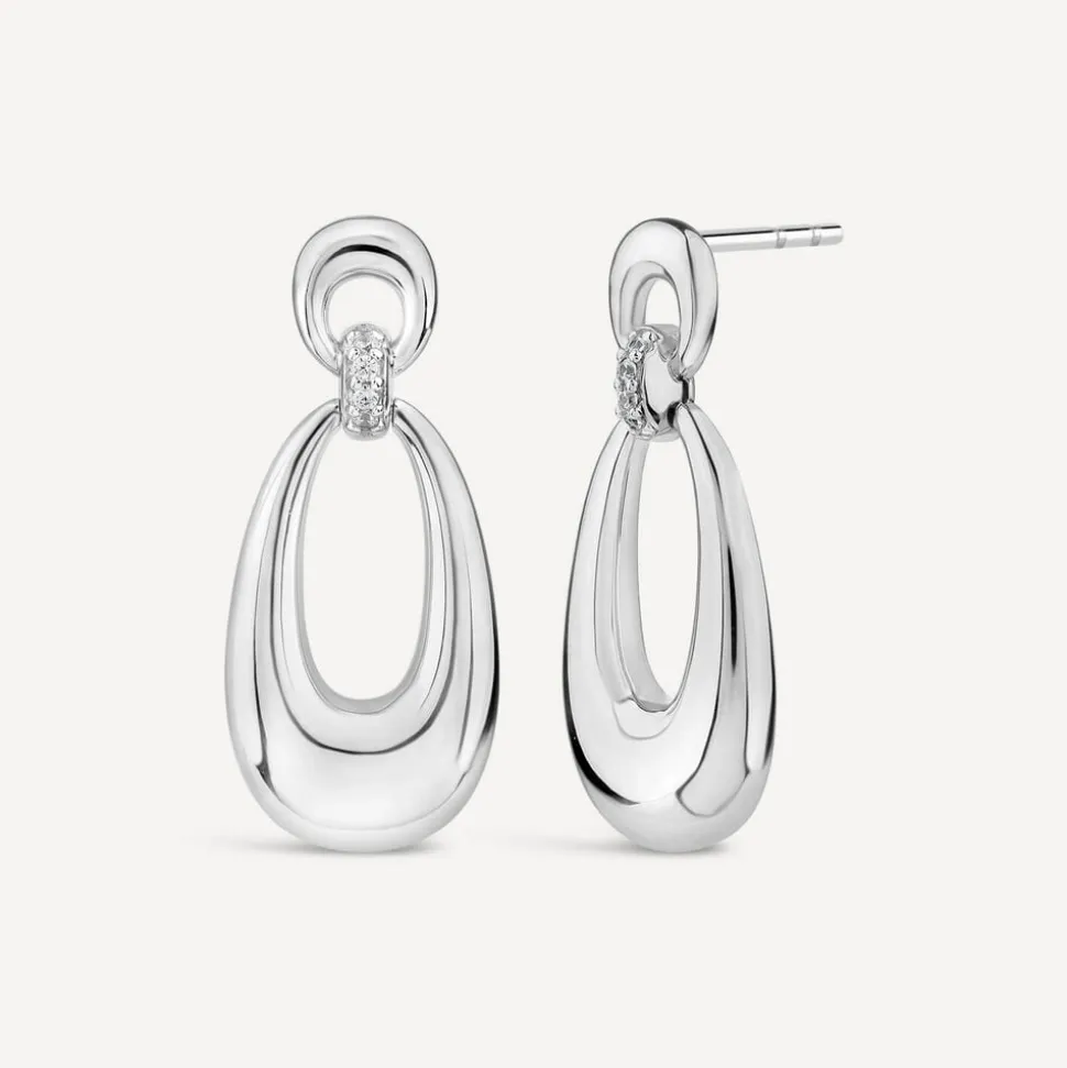 Sterling Silver Cubic Zirconia Set Open Polished Oval Drop Earrings