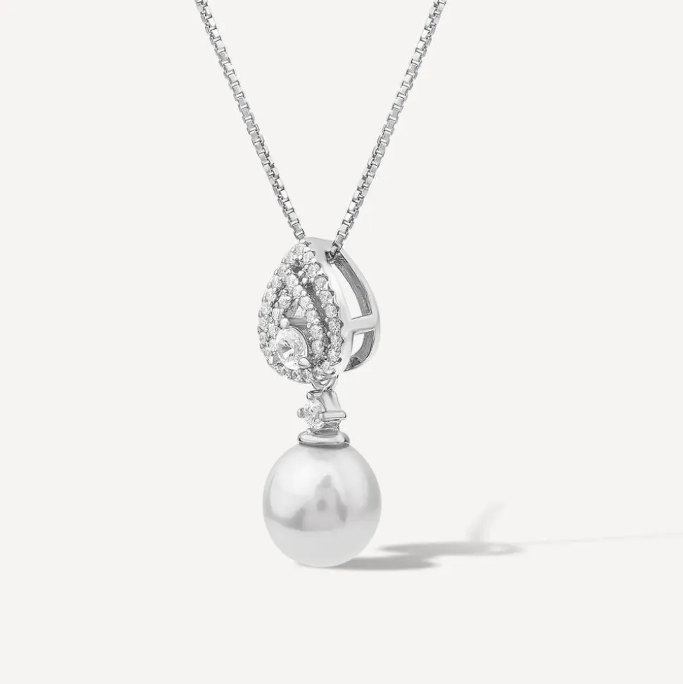 Sterling Silver Cubic Zirconia Double Halo Pear & Pearl Drop Pendant