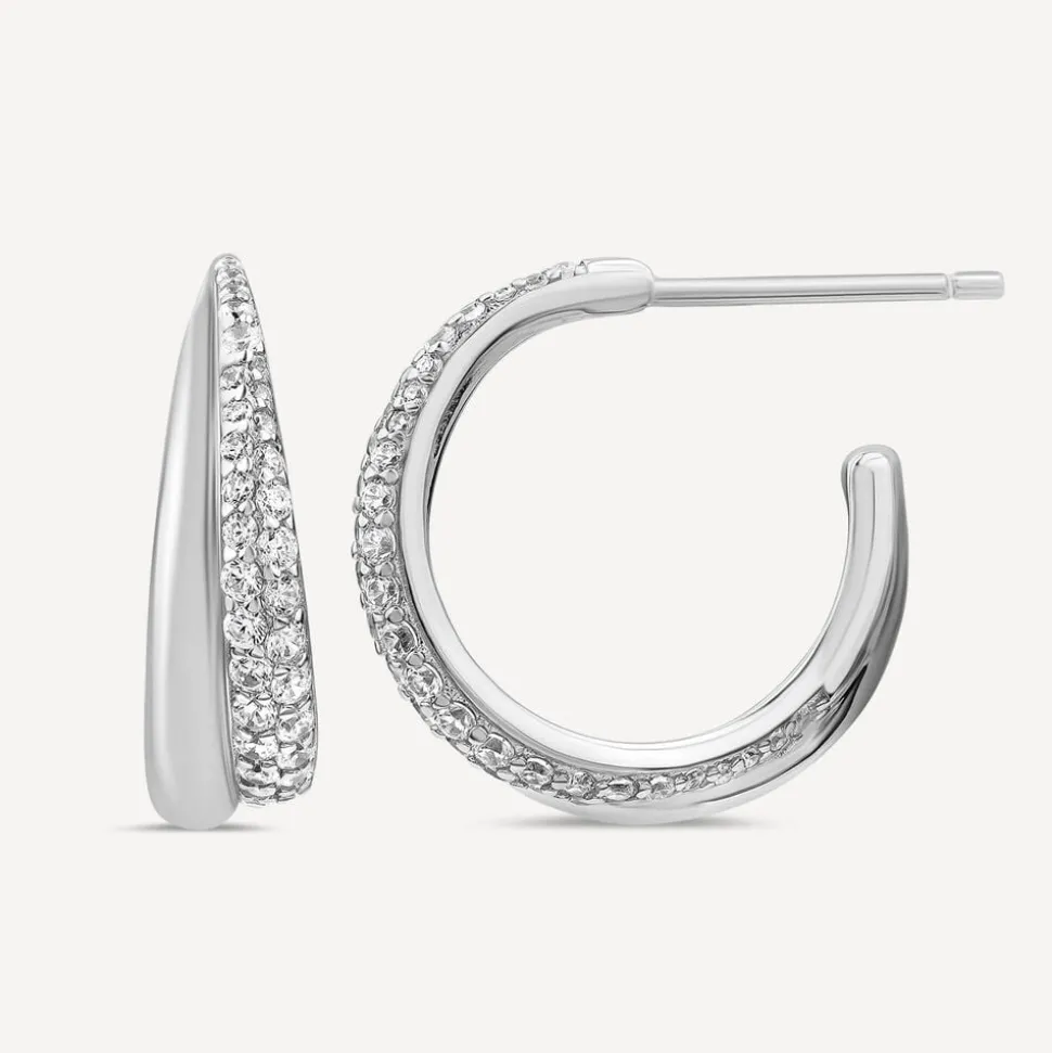 Sterling Silver Cubic Zirconia Pave Set Open Hoop Earrings