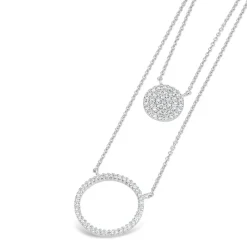 Sterling Silver Cubic Zirconia Circle Disc Double Chain Necklet