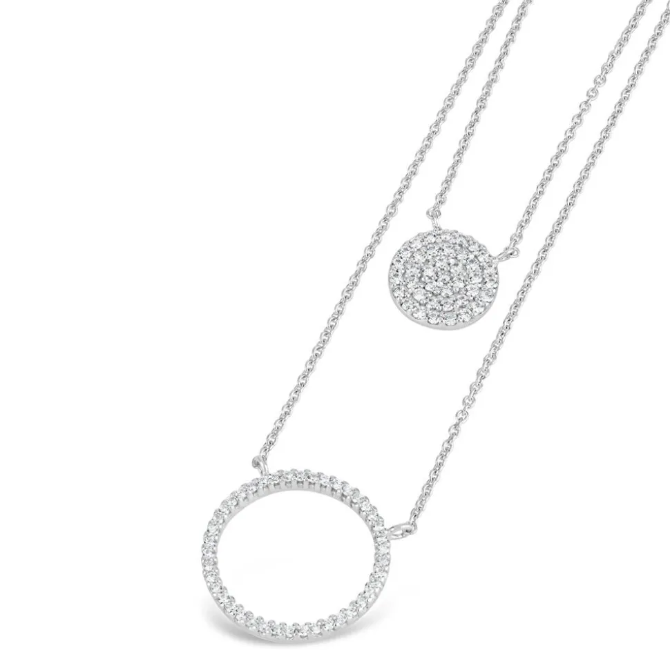 Sterling Silver Cubic Zirconia Circle Disc Double Chain Necklet