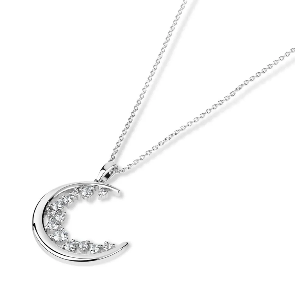 Sterling Silver Cubic Zirconia Half Moon Pendant (Chain Included)