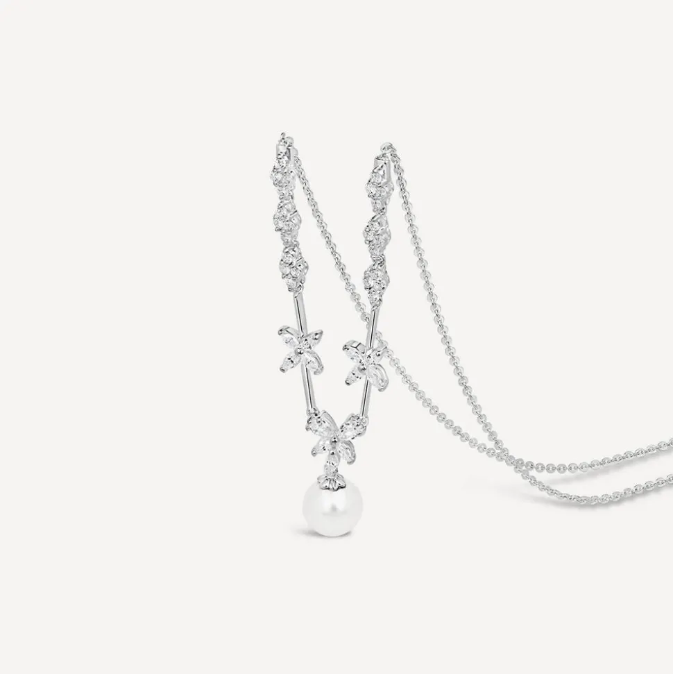 Sterling Silver Cubic Zirconia Flower and Cubic Zirconia Cluster Pearl Drop Necklet