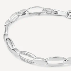 Sterling Silver Cubic Zirconia & Polished Open Oval Link Bracelet