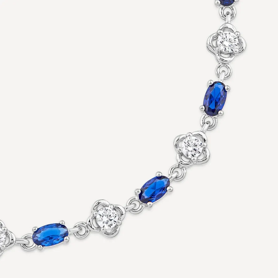 Sterling Silver Cubic Zirconia Flower & Blue Stone Bracelet