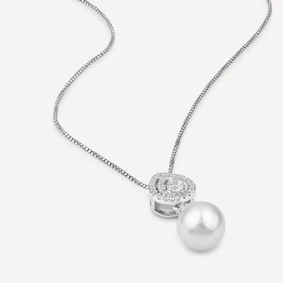 Sterling Silver Cubic Zirconia Double Halo Pear & Pearl Drop Pendant