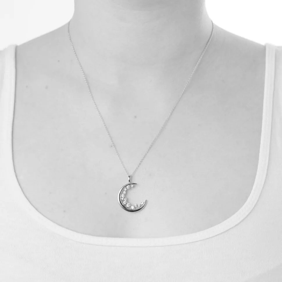 Sterling Silver Cubic Zirconia Half Moon Pendant (Chain Included)