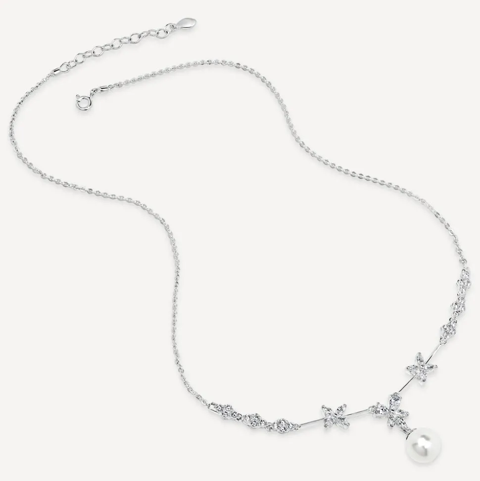 Sterling Silver Cubic Zirconia Flower and Cubic Zirconia Cluster Pearl Drop Necklet