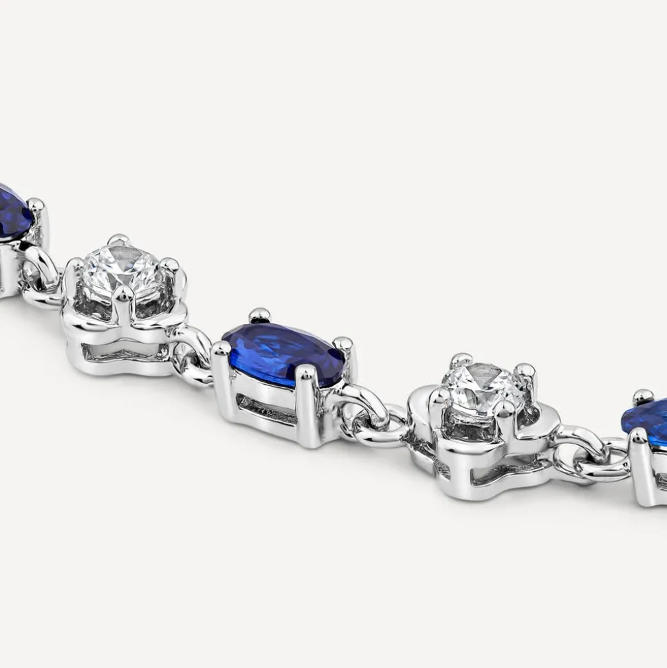 Sterling Silver Cubic Zirconia Flower & Blue Stone Bracelet