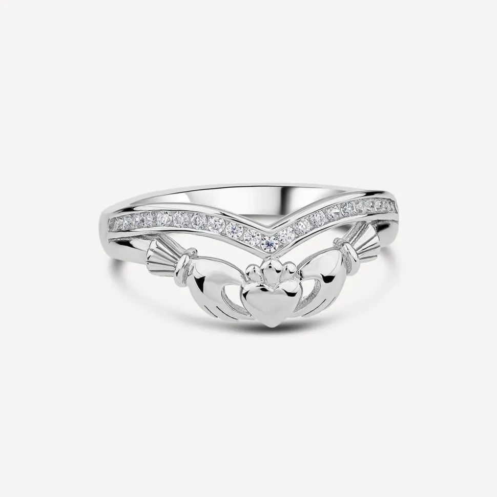 Sterling Silver Cubic Zirconia Wishbone Claddagh Ring