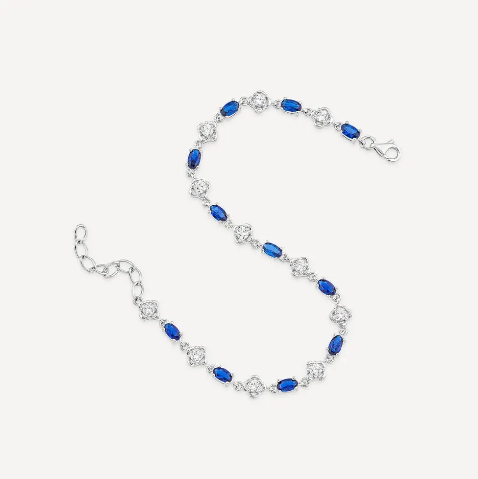 Sterling Silver Cubic Zirconia Flower & Blue Stone Bracelet