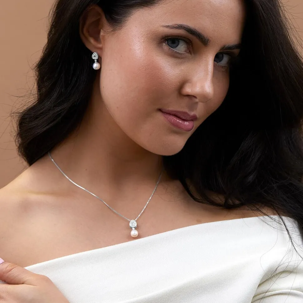 Sterling Silver Cubic Zirconia Double Halo Pear & Pearl Drop Pendant