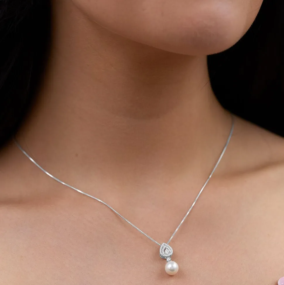 Sterling Silver Cubic Zirconia Double Halo Pear & Pearl Drop Pendant