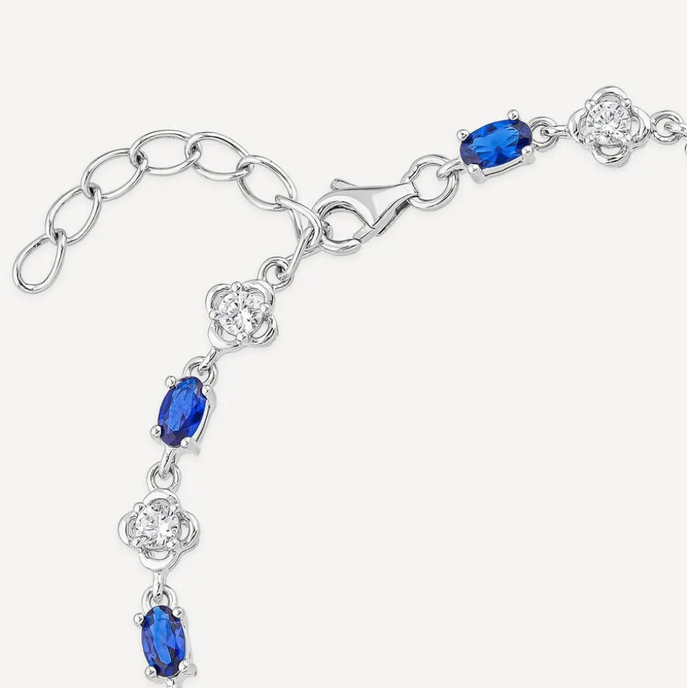 Sterling Silver Cubic Zirconia Flower & Blue Stone Bracelet