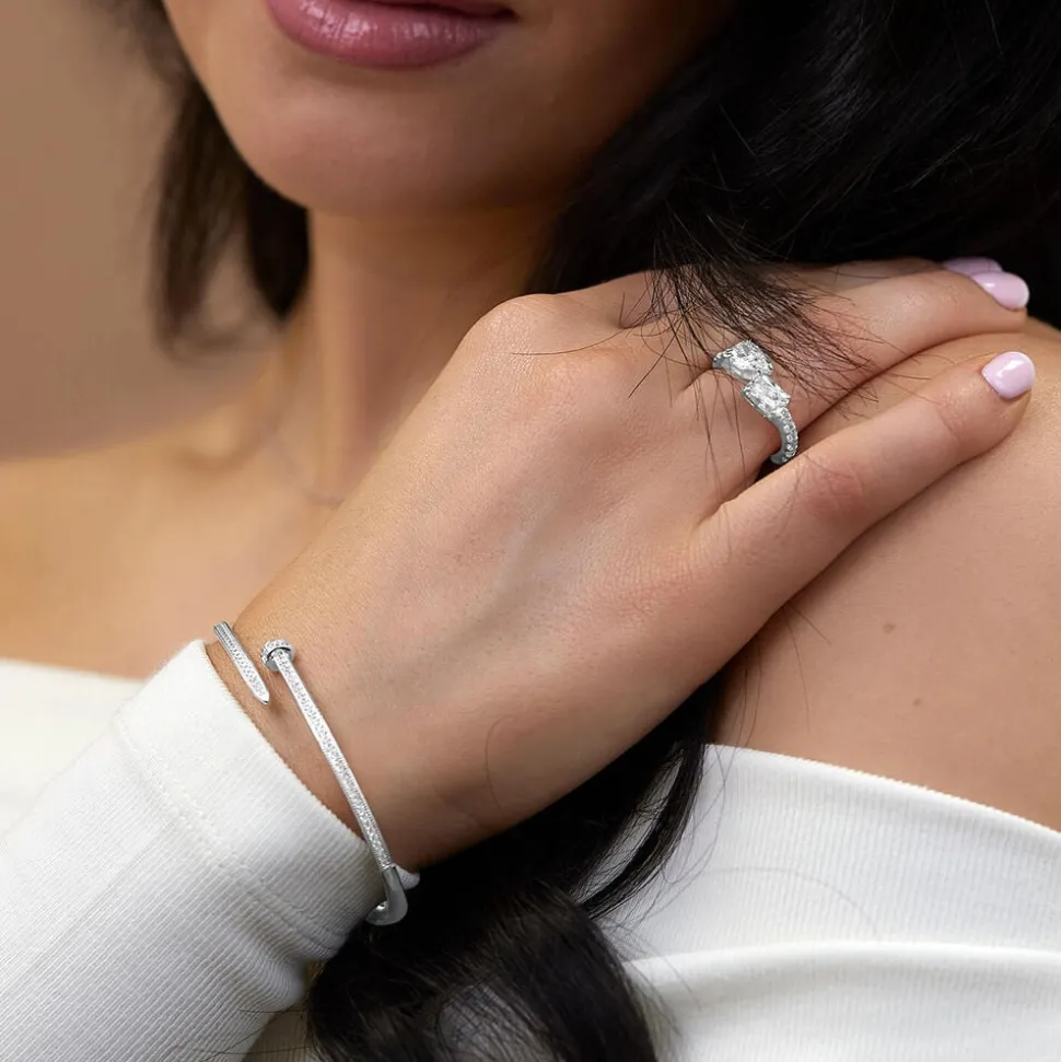 Sterling Silver Cubic Zirconia Open Nail Bangle