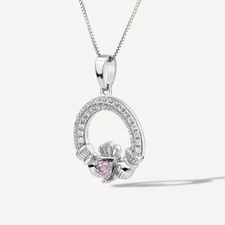 Sterling Silver February Birthstone Pave Cubic Zirconia Claddagh Pendant