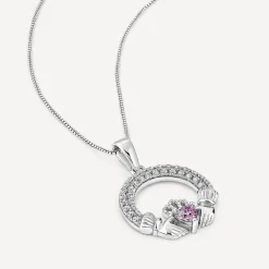 Sterling Silver February Birthstone Pave Cubic Zirconia Claddagh Pendant