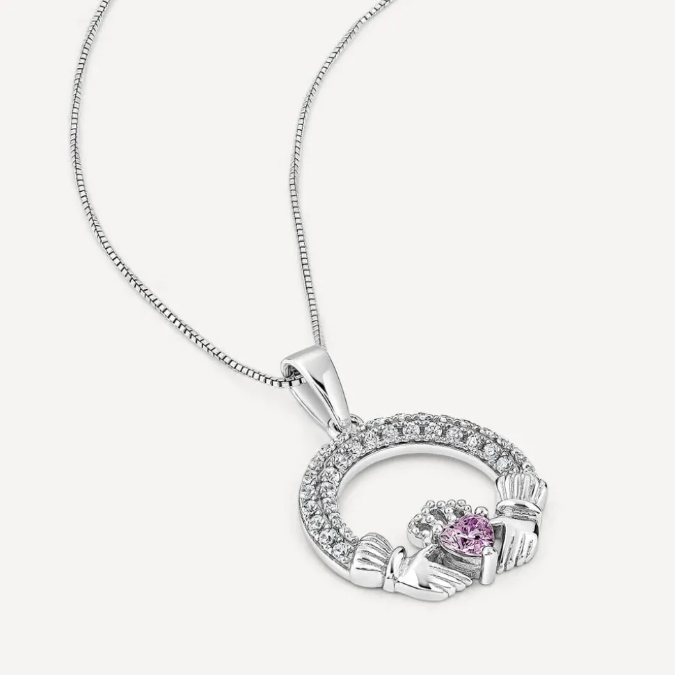 Sterling Silver February Birthstone Pave Cubic Zirconia Claddagh Pendant
