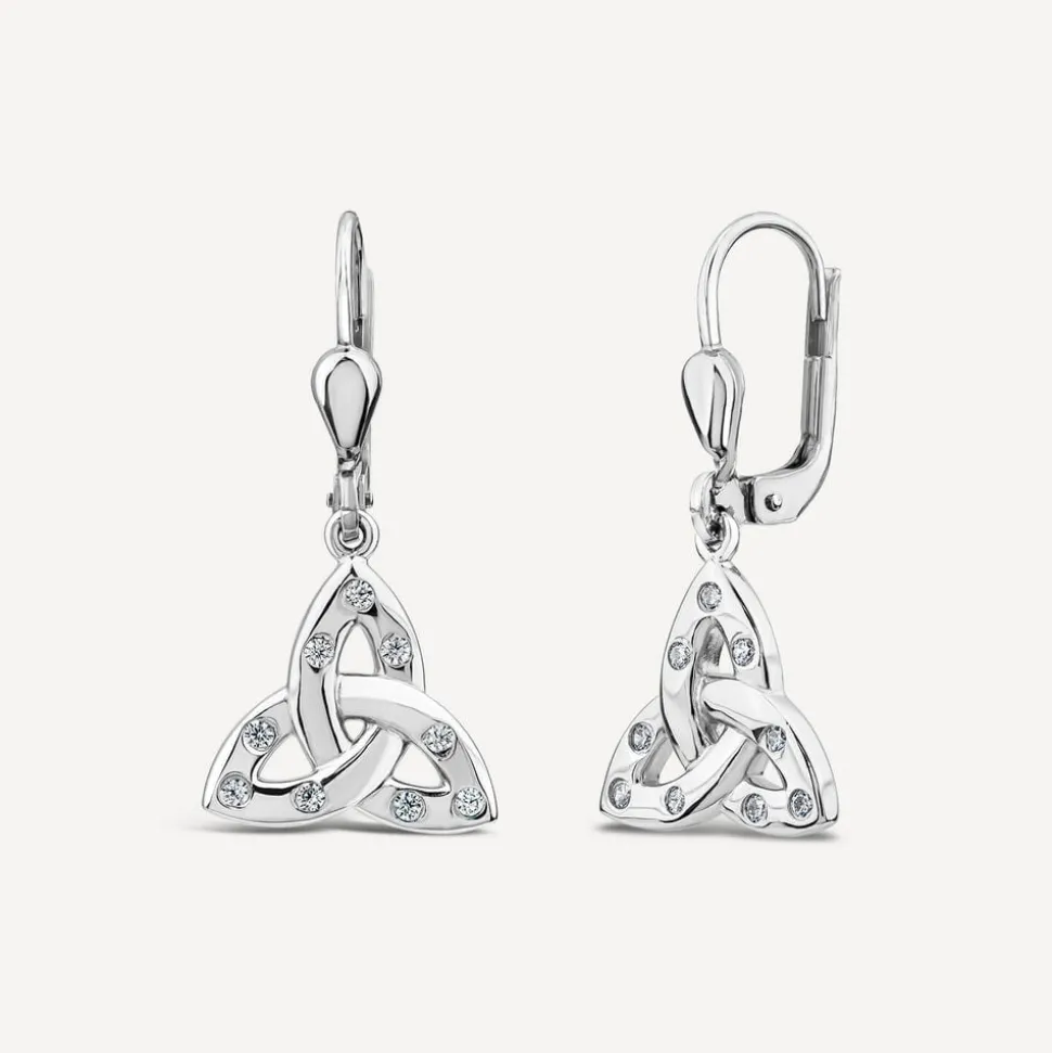 Sterling Silver Flush Set Cubic Zirconia Trinity Knot Drop Earrings