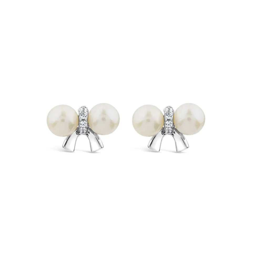 Sterling Silver Freshwater Pearl & Cubic Zirconia Bow Earrings