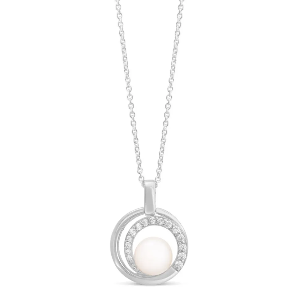Sterling Silver Freshwater Cultured Pearl and Cubic Zirconia Circle Pendant (Chain Included)