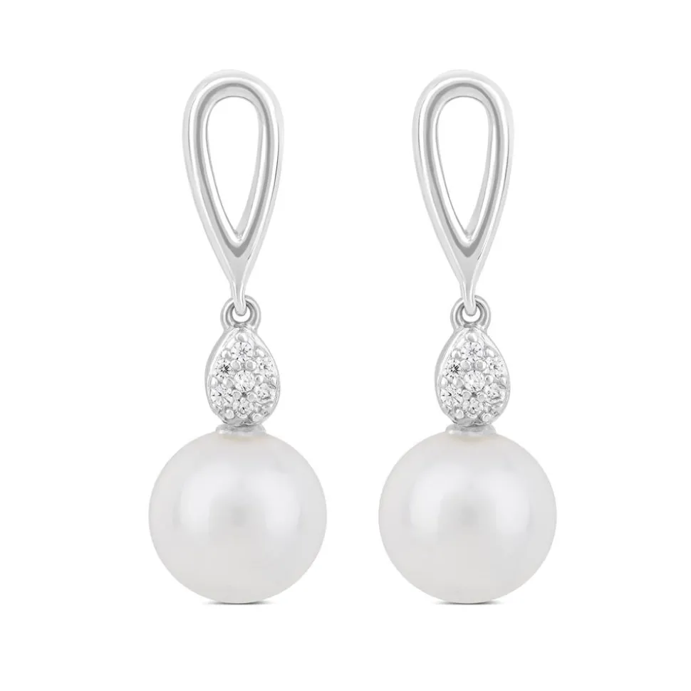Sterling Silver Freshwater Cultured Pearl and Cubic Zirconia Drop Earrings