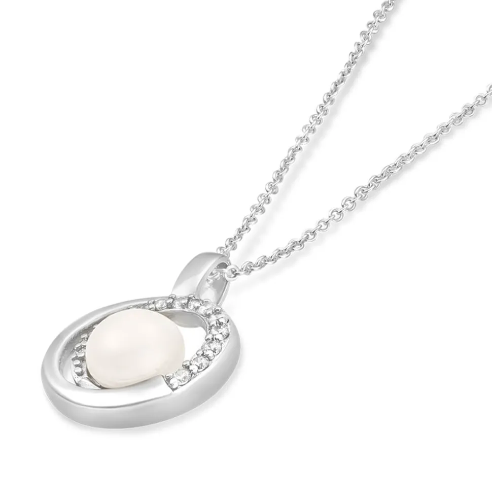 Sterling Silver Freshwater Cultured Pearl and Cubic Zirconia Circle Pendant (Chain Included)