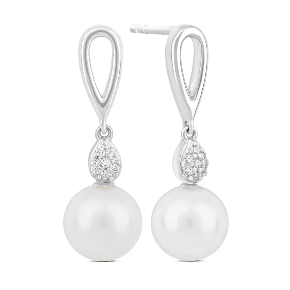 Sterling Silver Freshwater Cultured Pearl and Cubic Zirconia Drop Earrings