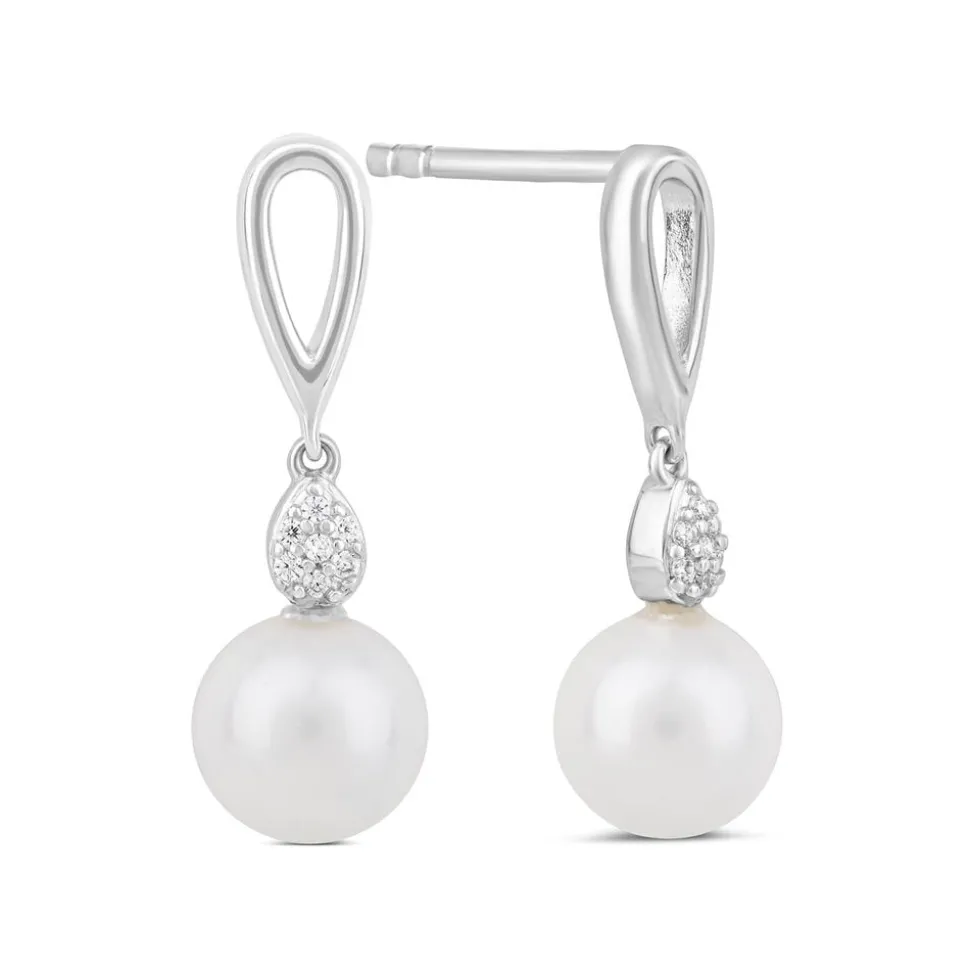 Sterling Silver Freshwater Cultured Pearl and Cubic Zirconia Drop Earrings