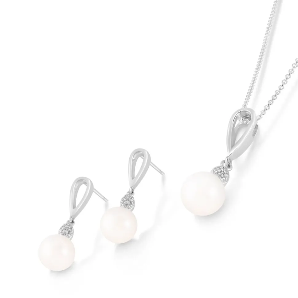 Sterling Silver Freshwater Cultured Pearl and Cubic Zirconia Drop Earrings