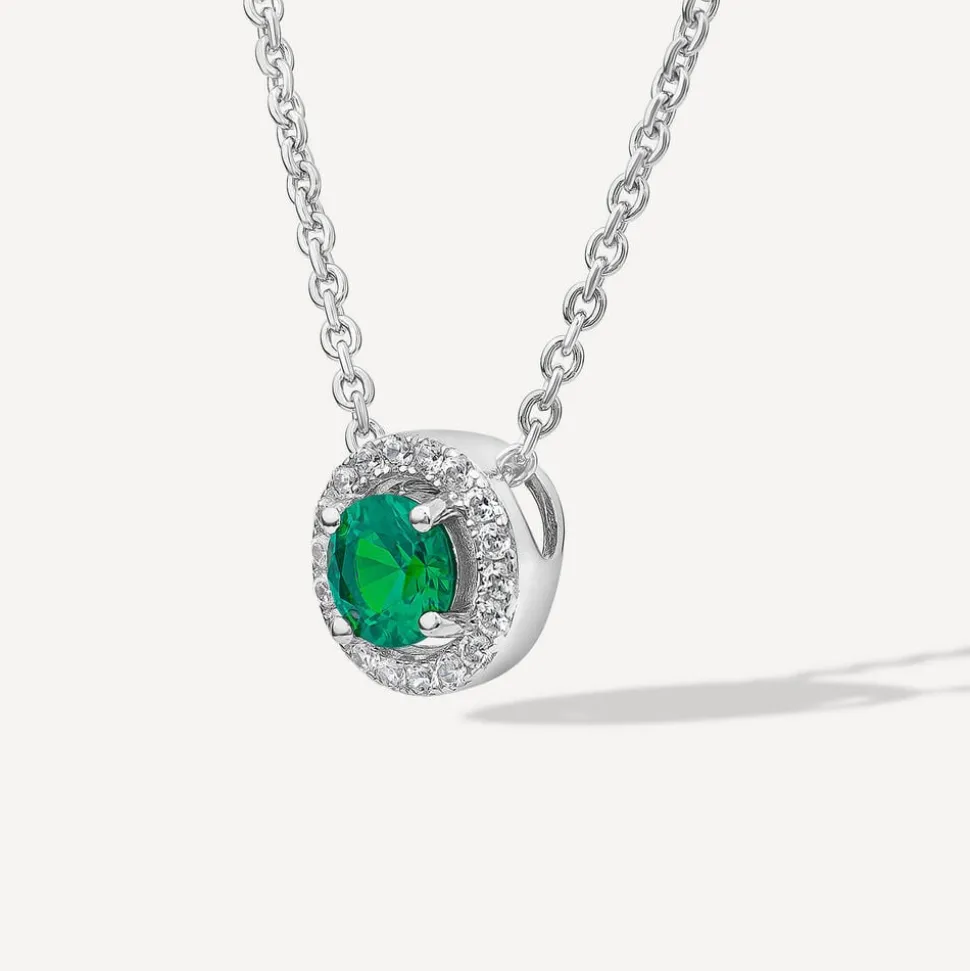 Sterling Silver Green Centre Stone & Cubic Zirconia Halo Pendant