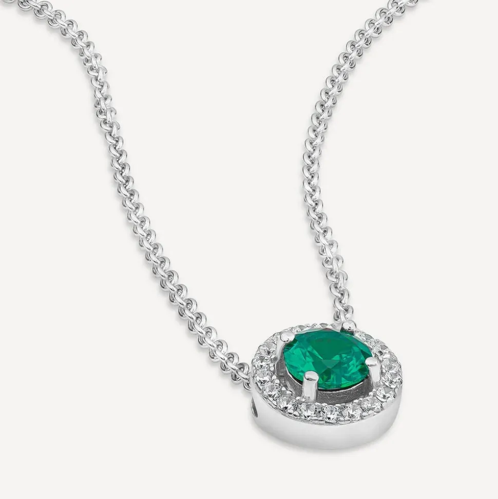 Sterling Silver Green Centre Stone & Cubic Zirconia Halo Pendant