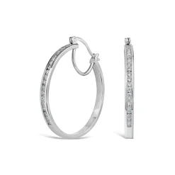 Sterling Silver Half chain Cubic Zirconia Half Polished Hoop Earrings