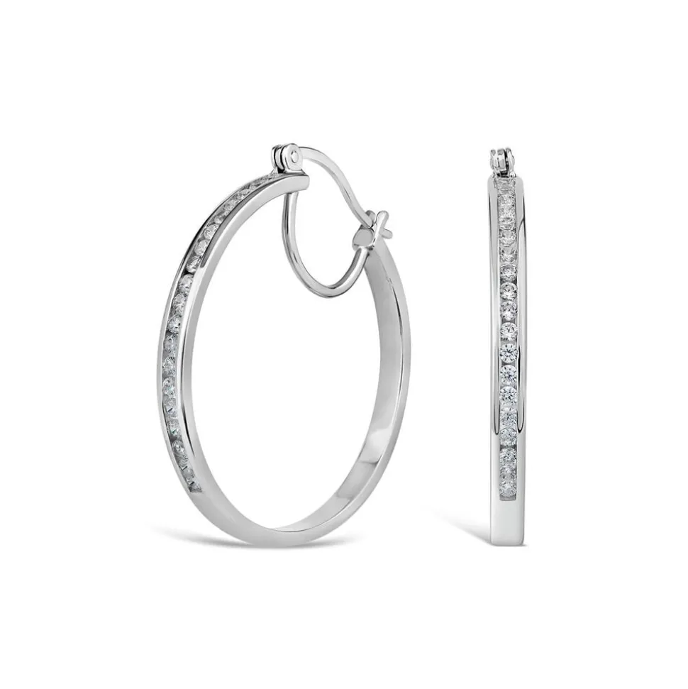 Sterling Silver Half chain Cubic Zirconia Half Polished Hoop Earrings