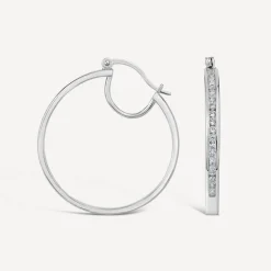 Sterling Silver Half chain Cubic Zirconia Half Polished Hoop Earrings