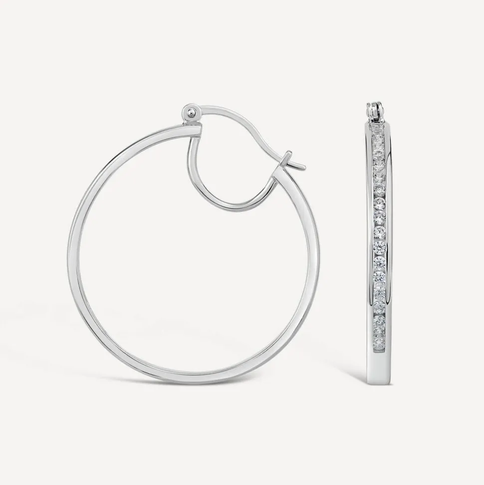 Sterling Silver Half chain Cubic Zirconia Half Polished Hoop Earrings