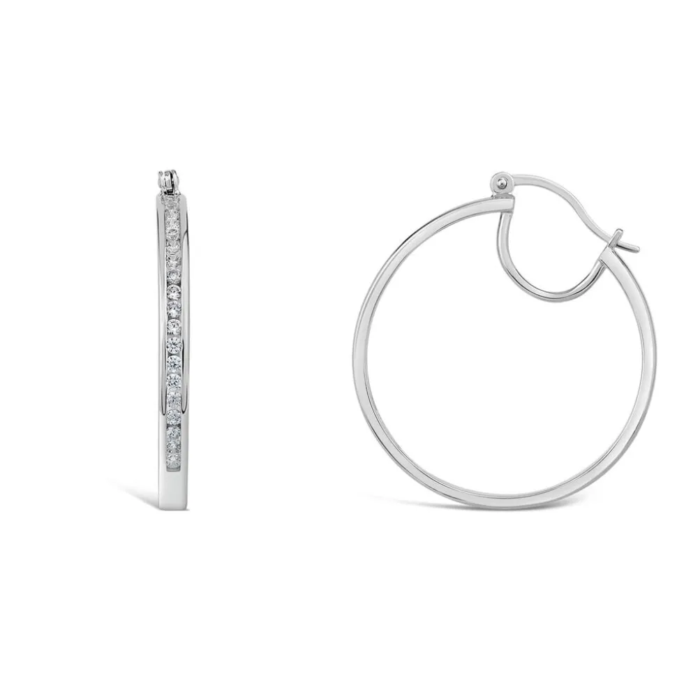 Sterling Silver Half chain Cubic Zirconia Half Polished Hoop Earrings