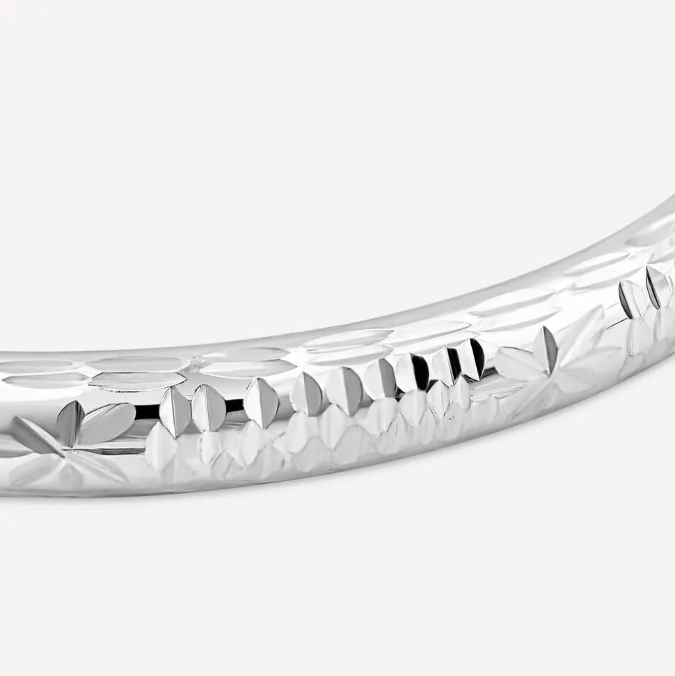Sterling Silver Lines & Flower Engraved Safety Chain Baby Bangle
