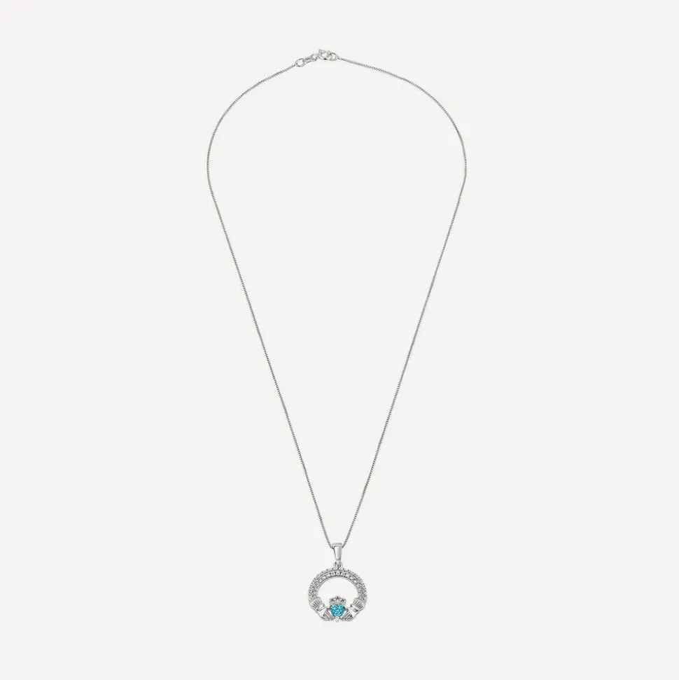 Sterling Silver March Birthstone Pave Cubic Zirconia Claddagh Pendant