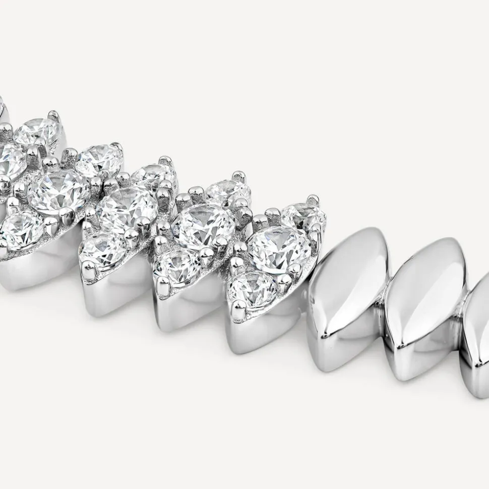 Sterling Silver Marquise Cubic Zirconia & Polished Oblong Links Bracelet